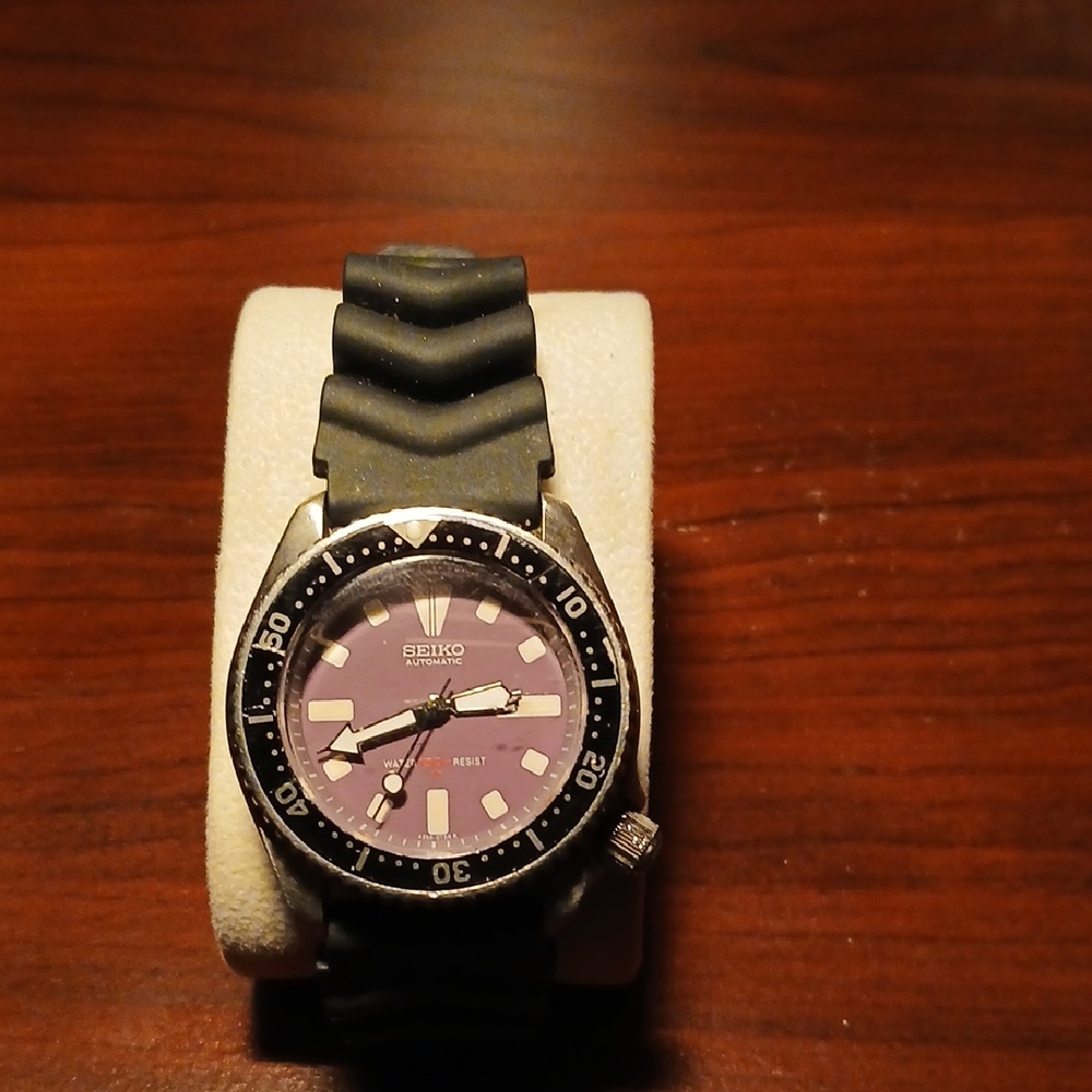 Seiko Black and Silver Watch with Purple Dial